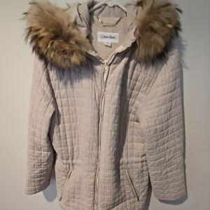 Calvin Klein Women's Cream Quilted Coat with Faux Fur Trim
